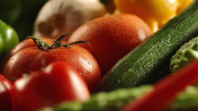Fresh vegetables: ripe tomatoes, a cucumber, and green bell peppers.