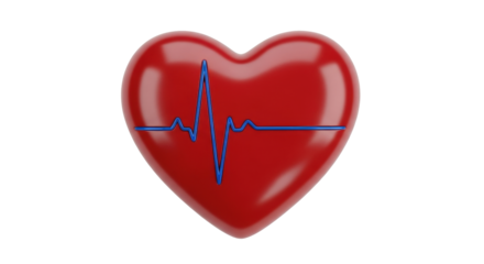 Isolated red heart with blue heartbeat line graphic in the center for health or medical uses