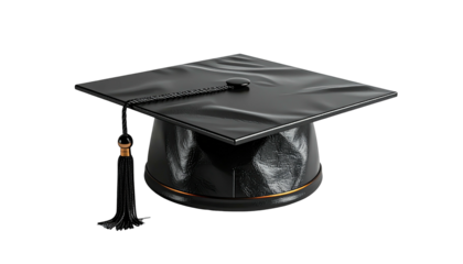 Gleaming black mortarboard with tassel, against a pure black background