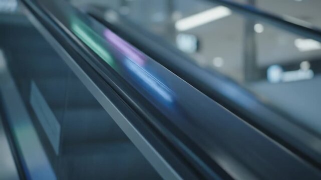 Moving Black Escalator Handrail Close Up Abstract Pattern in a Public Building with Blurry Interior Lighting and a Seamless Loop for Backgrounds or Presentations at Subway Station 190 characters