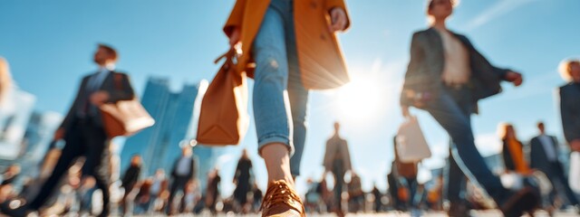 Diverse migrants walking confidently in city square with work bags, cinematic scene for International Migrants Day, dignity and positive contribution