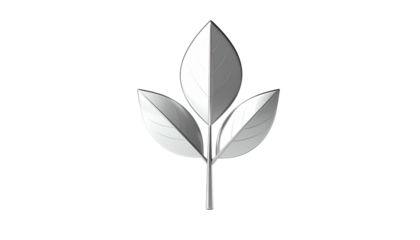 A stylized silver sprig with three leaves, centered against a black background