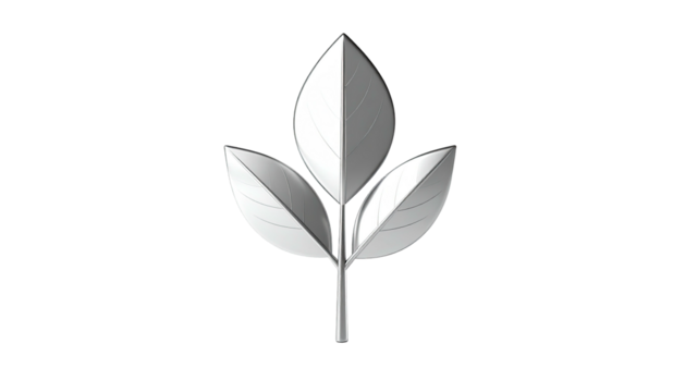 A stylized silver sprig with three leaves, centered against a black background