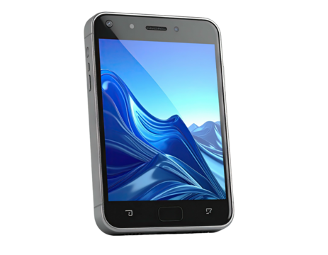 A modern smartphone with a glossy screen displaying a blue abstract wave design
