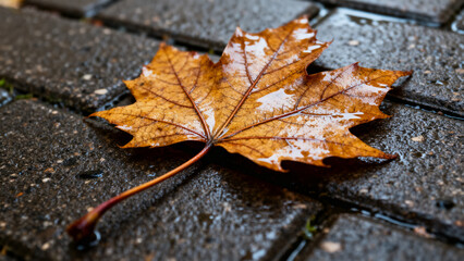 Obraz premium Wet Autumn Maple Leaf on Pavement