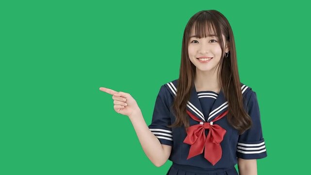 Cute Japanese girl in school uniform with hand pointing  to the side. Isolated on green screen.