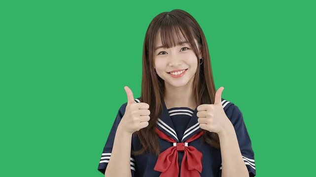 Cute Japanese girl in school uniform giving a thumbs up. Isolated on green screen.
