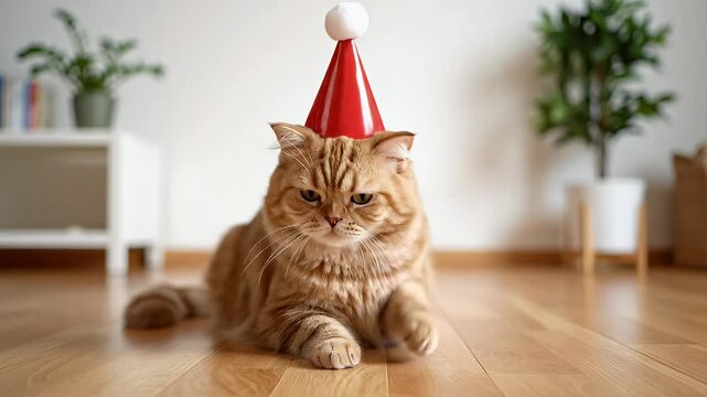 Cute fluffy ginger cat wearing a red party hat, lying on a wooden floor, looking slightly grumpy