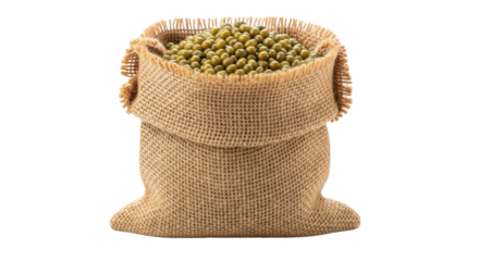 Isolated burlap sack of green mung beans, healthy legume ingredient, food staple for diet