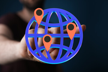 Hand holding a digital globe with location markers.  Illustrates global reach, connection, and...
