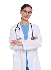Fototapeta premium Smiling doctor in uniform, stethoscope and glasses with crossed arms on white background