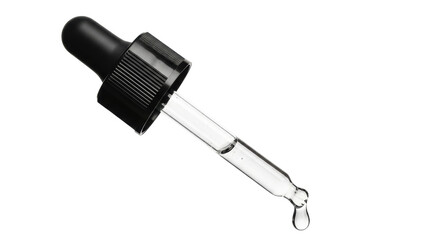 Isolated eyedropper is clear with a black bulb and a drop on the tip ready for use
