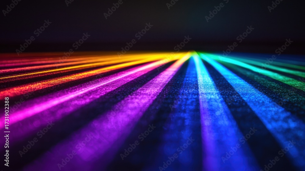 Wall mural laser interference bands creating vibrant rainbow spectrum with radial light beams and optical diffr