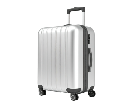 Shiny silver rolling suitcase on a black background, handle extended