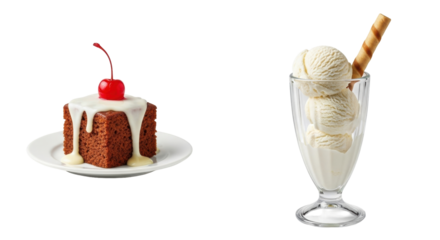 Isolated Fudge Brownie with Cherry Topping and Vanilla Ice Cream Sundae on a Tabletop