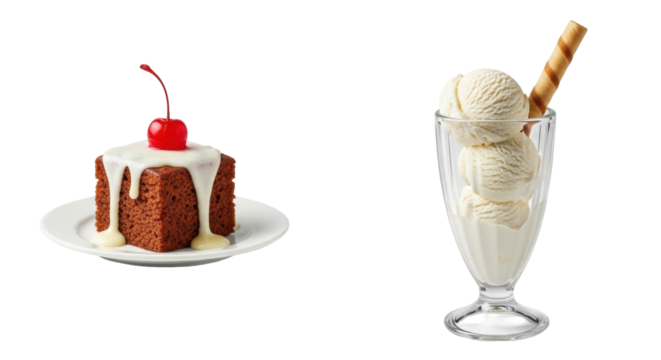 Isolated Fudge Brownie with Cherry Topping and Vanilla Ice Cream Sundae on a Tabletop