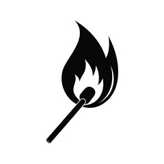 A stylized monochrome illustration of a lit match stick with flame, burning match icon silhouette vector illustration