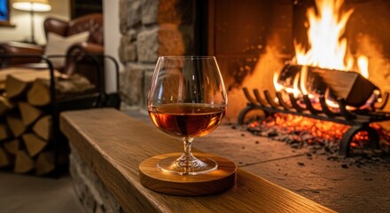 A glass of brandy warming by a cozy log fire.