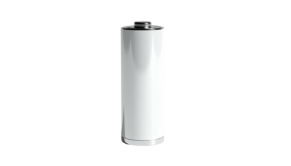 A cylindrical, upright battery with a metallic top and bottom, on a black background
