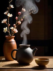 Still life of tea with flowers and steam in a warm and inviting atmosphere scene
