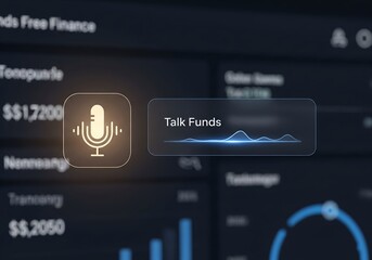 Voice Command Technology Integrating with Financial Dashboard: Glowing Microphone Icon and Voice Wave for "Talk Funds" Feature on a Futuristic Money Management Interface