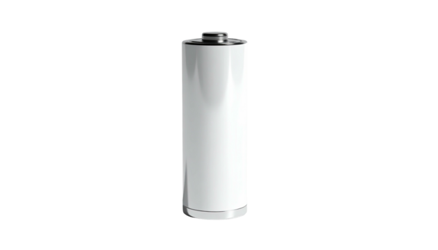 A cylindrical, upright battery with a metallic top and bottom, on a black background