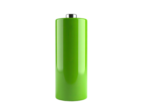 A glossy, green cylindrical power cell with a silver cap, floating on black