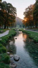 Serene Forest River at Golden Hour Sunlight Filtering Through Lush Trees in a Valley Landscape