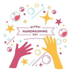 Global Handwashing Day illustration with colorful hands and abstract shapes, promoting hygiene and health awareness in a vibrant design