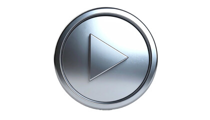 Shiny silver play button icon, set against a stark black background