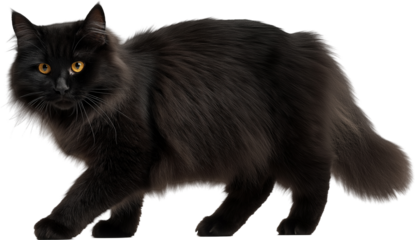 Black long-haired cat full-body walking, transparent background