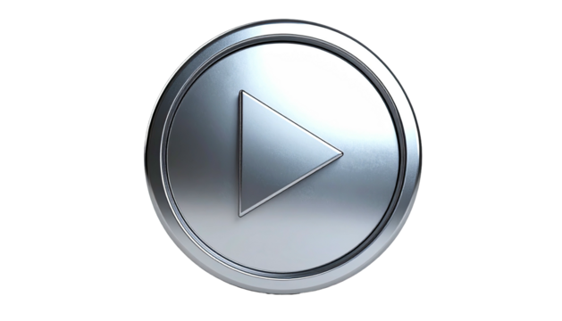Shiny silver play button icon, set against a stark black background