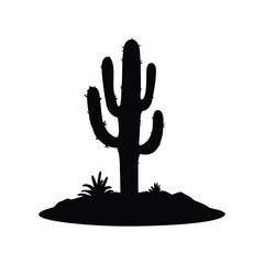 Silhouette of a Saguaro Cactus in Desert Landscape with Two Small Plants, cactus sandy terrain silhouette vector illustration © MstHumaira