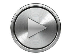 A silver, metallic play button with a triangular arrow, set against a black backdrop