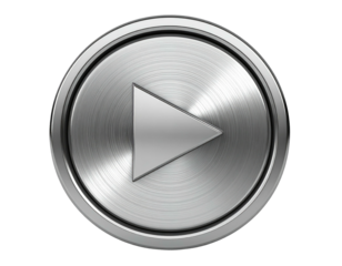 A silver, metallic play button with a triangular arrow, set against a black backdrop