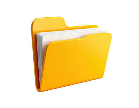 Shiny, 3D-rendered, open file folder in yellow with a stack of white papers