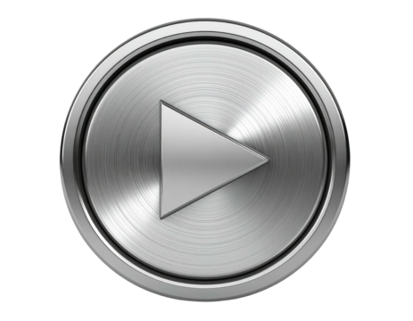 A silver, metallic play button with a triangular arrow, set against a black backdrop