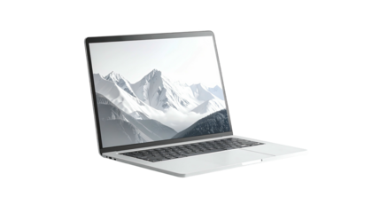 A silver laptop displaying mountain range landscape against a stark black background