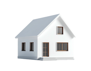 Simple, isolated house with white walls, gable roof, and brown windows/door