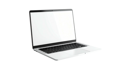 Angled view of a laptop with blank screen, keyboard visible, isolated on black