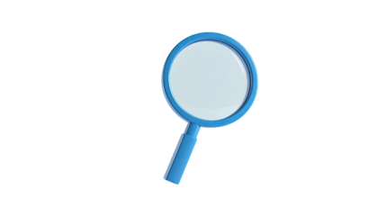 A detailed, 3D, light blue magnifying glass with a clear lens, black backdrop