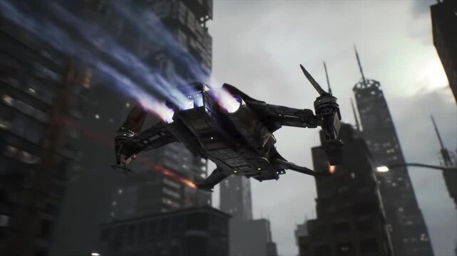 Futuristic aircraft soaring through city with blue flames. Perfect for scifi designs, aviation concepts, and futuristic cityscapes.