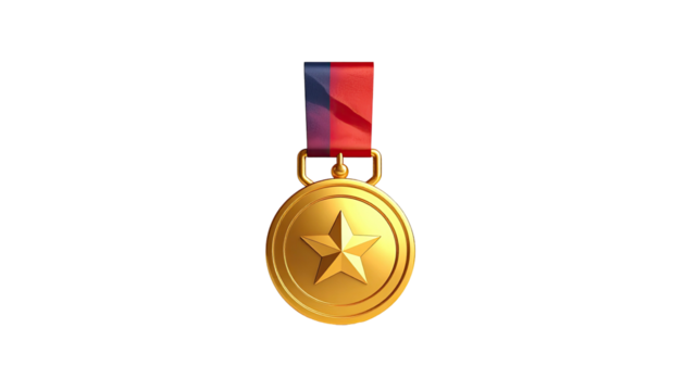A gold circular medal with a five-pointed star, hanging from a colored ribbon