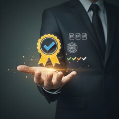 Conceptual image of quality management and compliance, showing a hand presenting a badge of approval, an ISO certification symbol, and a series of successful checkmarks