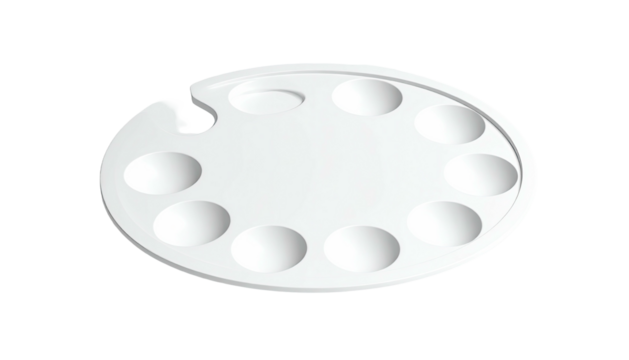 A clean, white, oval-shaped palette with paint wells and a thumbhole for artists