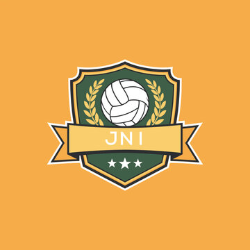 JNI Volleyball Logo Design JNI Modern Sports Shield Emblem with Ball, Laurel and Ribbon for Volleyball Club, JNI Tournament and Team Branding
