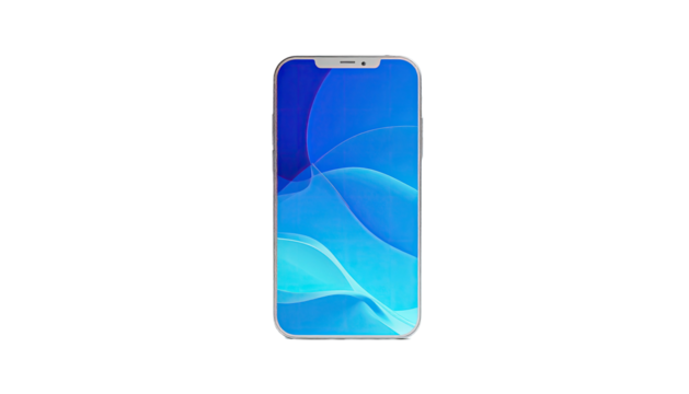 Smartphone isolated on black background, showing a blue abstract fluid wallpaper