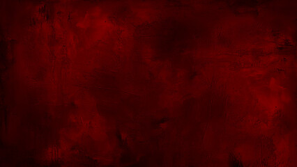 Red grunge textured wall background. Texture of red decorative plaster or concrete with vignette. 