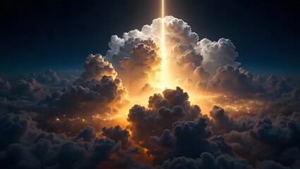Golden light beam piercing through the clouds illuminating the night sky above