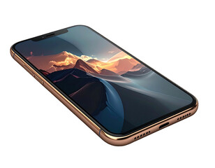 Gold-framed sleek mobile device angled, showcasing a scenic wallpaper, isolated on black